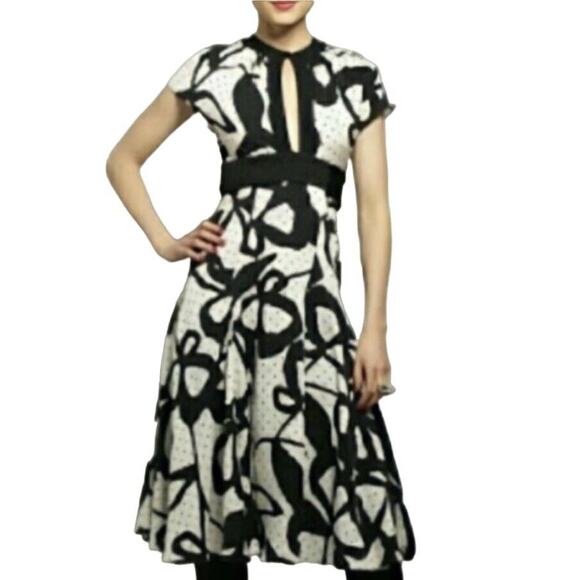 Diane von Furstenberg Silk Wool Midi Dress Abstract PolkaDot Print Black Ivory 4 - Picture 2 of 12